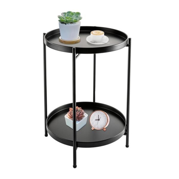 2-Tier End Table Folding Metal Round Side Table with Removable Tray for Living Room (Black/Gold/Golden Pink)