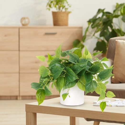 Faux Plants Indoor with Ceramic Pots, Artificial Small Fake Plants with Pothos for Home Decor Fake Potted Plant for Living Room Shelf Home Office Decor（White Ceramic Pot）