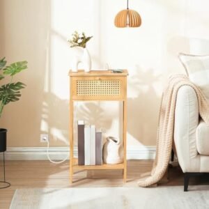 Bamboo Side Table with Charging Station, Rattan Nightstand with Drawer, Tall End Table with USB Ports and Outlet, Narrow Bedside Table, for Living Room, Bedroom, Hallway, Natural YL109UBZ01