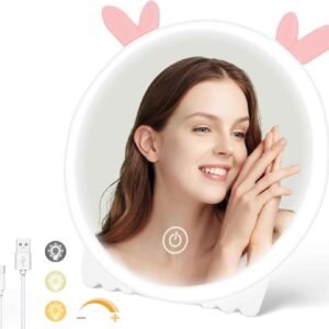 7" Rechargeable Lighted Vanity Mirror with 36 Led Lights, 3 Colors Makeup Mirrors, Stepless Dimmable Touch Screen Portable Travel Mirror, Cosmetic Mirror for Makeup Desk ＆ Dressing Room