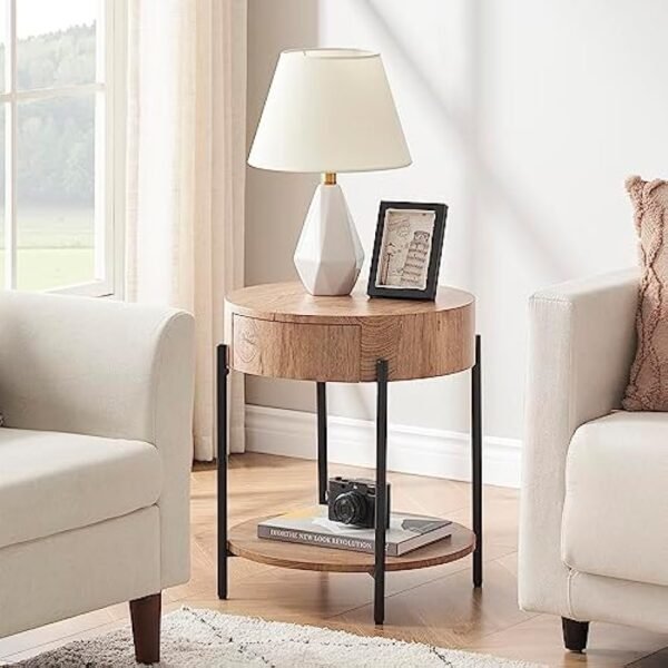 Round End Table Wood Side Table with Drawer Farmhouse Circle End Tables Accent Bedside Table Metal Frame Small Nightstand for Living Room, Bedroom and Small Spaces, Easy Assembly (Natural)