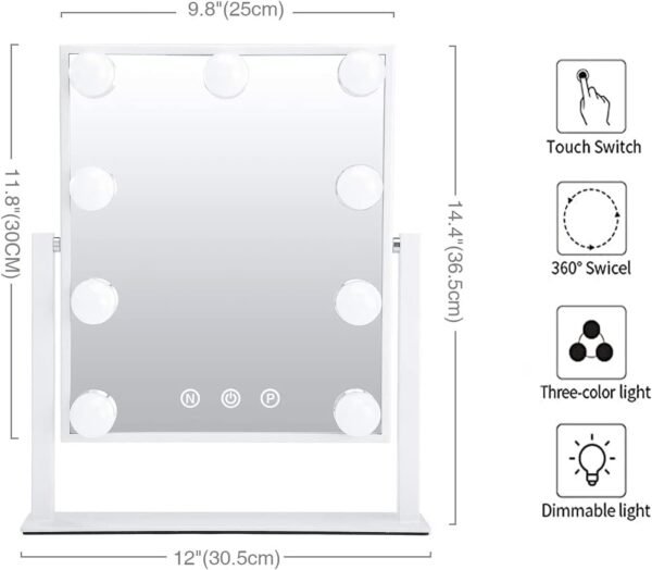 Vanity Mirror with Lights,Lighted Vanity Mirror with 9 Dimmable Bulbs for Dressing Room & Bedroom,3 Color Lighting,Modes Detachable 10x Magnification 360°Ratation(White)