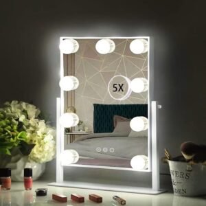 Hollywood Vanity Mirror with 9 Dimmable Bulbs Lights, Three Color Lighting Modes, and 5X Magnification, Smart Touch Control, 360°Rotation (White,Gift Box)