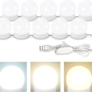 Consciot LED Vanity Lights For Mirror, Hollywood Style Vanity Lights With 10 Dimmable Bulbs, Adjustable Color & Brightness, USB Cable, Mirror Lights Stick on for Makeup Table Dressing Room, White