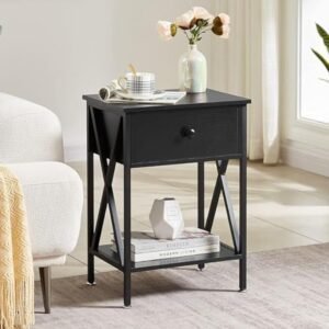 51g4XcaPJrL._AC_UY879.jpg Versatile End Storage Shelf Side Table, Black, Nightstand with Drawer, Retro Blk