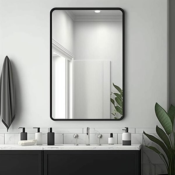 Black Bathroom Mirror 22 x 30 Inch, Matte Black Rectangle Mirror for Wall, Rounded Metal Frame Vanity Mirror