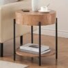 Round End Table Wood Side Table with Drawer Farmhouse Circle End Tables Accent Bedside Table Metal Frame Small Nightstand for Living Room, Bedroom and Small Spaces, Easy Assembly (Natural)