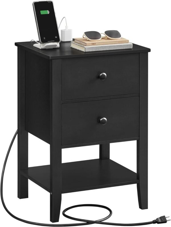 Bamboo Nightstand with Charging Station, Bedside Table with 2 Drawers, Side End Table with Open Shelf, 2 USB-A Ports, 2 AC Outlets, Minimalist, for Bedroom, Cloud White ULET623W01