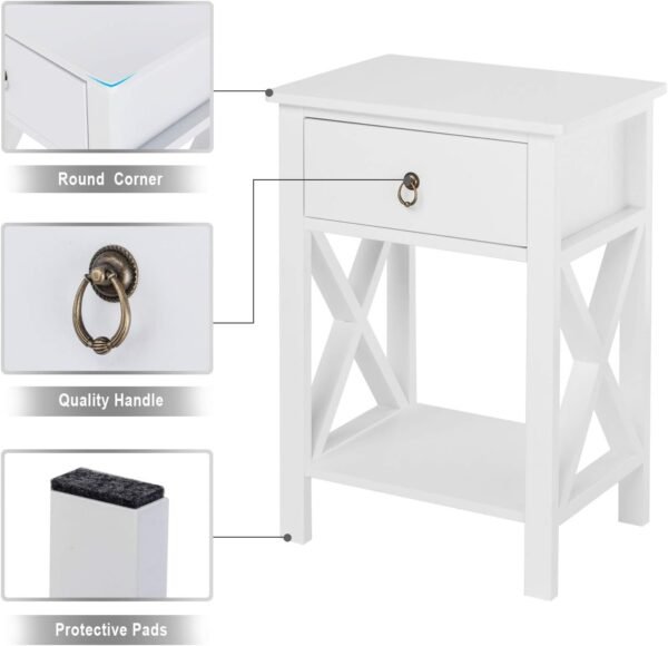 White bedside table, small bedside table with drawers and shelves, farmhouse bedside table bedroom, coffee table, bedside table, white side table with rustic handles, suitable for small spaces, dormitories, children's room, living room