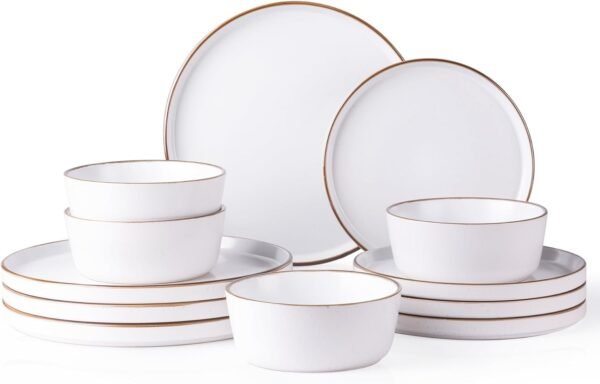 Ceramic Dinnerware Sets of 4, Modern Flat Stoneware Plates and Bowls Sets,Chip and Crack Resistant | Dishwasher & Microwave Safe Dishes Set,Scratch Resistant- Service for 4 (12pc)-Matte White