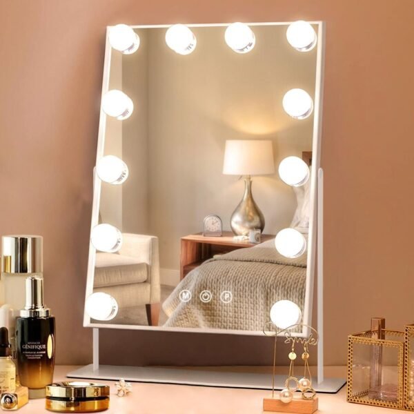 Vanity Mirror with Lights Hollywood Lighted Makeup Mirror with 9 Dimmable Bulbs & 3 Color Lighting Modes, Detachable 10X Magnification Mirror and 360 Degree Rotation(White)
