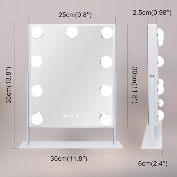 Vanity Mirror with Lights Hollywood Lighted Makeup Mirror with 9 Dimmable Bulbs & 3 Color Lighting Modes, Detachable 10X Magnification Mirror and 360 Degree Rotation(White)