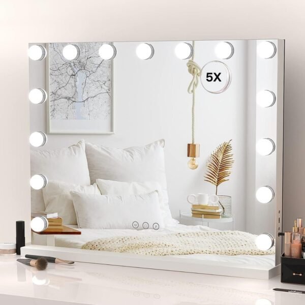 Hollywood Vanity Mirror with 9 Dimmable Bulbs Lights, Three Color Lighting Modes, and 5X Magnification, Smart Touch Control, 360°Rotation (White,Gift Box)