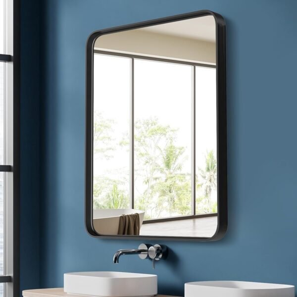 Black Bathroom Vanity Mirror for Wall, 22x30 Inch Metal Framed Wall Mirror Farmhouse Rectangle, Anti-Rust, Tempered Glass, Hangs Horizontally or Vertically