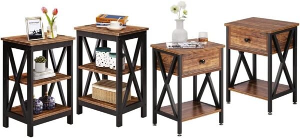 Nightstand Sofa Side Table with 3-Tier Storage Shelf for Living Room, Bedroom, Stable Steel Frame, Easy Assembly, End, White