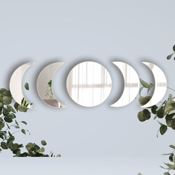 5 Pieces Acrylic Mirror Wall Stickers Natural Wall Decor Self Adhesive Mirrors Stickers Moon Phase Mirror Bohemian Wall Decoration for Home Living Room Bathroom Bedroom Decor (20cm)