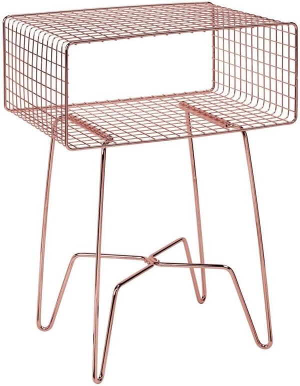 Modern Industrial Side Table with Storage Shelf, 2-Tier Metal Minimal End Table, Metallic Caged Grid - Accent Furniture for Living Room, Bedroom, Office, Dorm, Concerto Collection, Satin