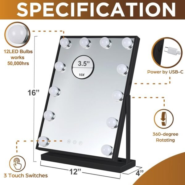 Vanity Mirror with Lights, Black Lighted Makeup Mirror with 12 LED Bulbs for Desk and Wall, Dimmable 3 Lighting Modes, 360-degree Rotating with USB-C and Charger (16”x12”)