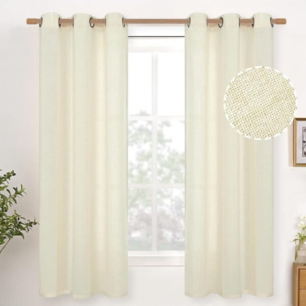 Natural Linen Curtains 63 Inch Length 2 Panels Bronze Grommet Linen Textured Short Window Drapes Light Filtering for Living Room Bedroom, 52 X 63 Inch
