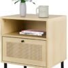 Rattan Nightstand, End Side Table with 2 Rattan Drawers, Wood Square Bedside Table with Storage, Accent Sofa Table for Home Office Living Room Bedroom, White
