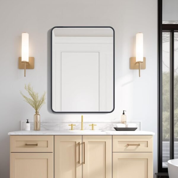 Black Bathroom Mirror 22 x 30 Inch, Matte Black Rectangle Mirror for Wall, Rounded Metal Frame Vanity Mirror