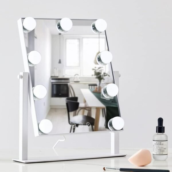 Hollywood Vanity Mirror with 9 Dimmable Bulbs Lights, Three Color Lighting Modes, and 5X Magnification, Smart Touch Control, 360°Rotation (White,Gift Box)