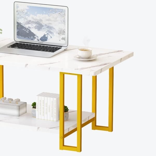 Marble Coffee Table, Faux Marble Top Rectangular Coffee Table with Gold Metal Frame, 2 Tier Living Room Table for Living Room, Office, Balcony, 40 Inch, White and Gold