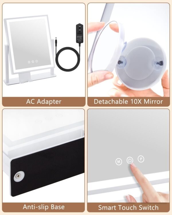 Vanity Mirror with Lights, Hollywood Makeup Mirror with Lights Phone Holder, Smart Touch Control, 3 Color Lighting Modes with Detachable 10x Magnification Mirror, 360°Rotation, White