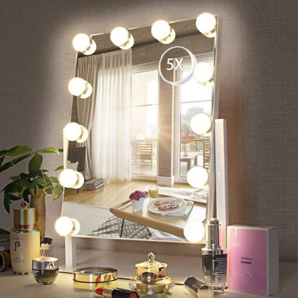 Hollywood Vanity Mirror with 9 Dimmable Bulbs Lights, Three Color Lighting Modes, and 5X Magnification, Smart Touch Control, 360°Rotation (White,Gift Box)