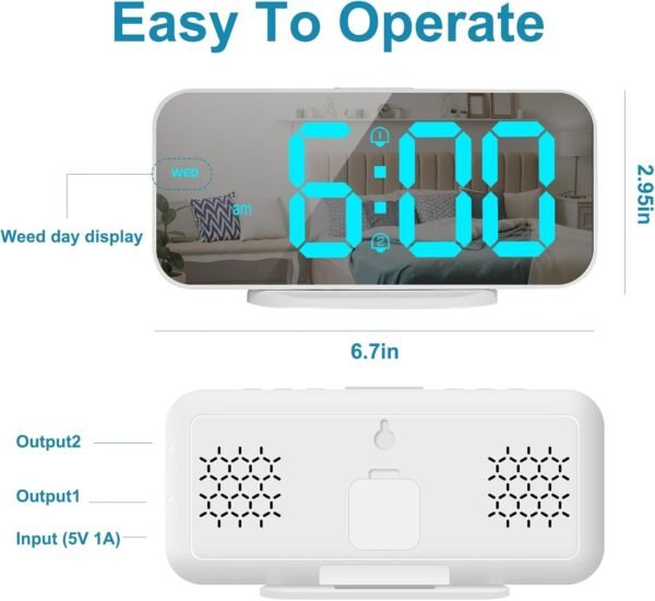 ALANAS Digital Alarm Clock with Dual Alarms, Mirror LED Bedroom Alarm Clocks for Kids, Adjustable Brightness, Snooze, 2 USB Ports for Cellphone Charging, 12/24 Hour Display.