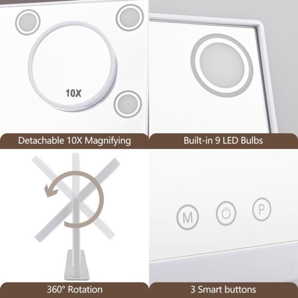 Lighted Makeup Mirror, 14"x 12" Hollywood Vanity Mirror with 9 LED Bulbs, 3 Color Lights, and Detachable 10X Magnification Mirror, 1200mAh Rechargeable, Touch Control, 360°Rotation (White)