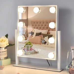 61sw0yLOv7L._AC_SL1200.jpg Vanity Mirror with Lights,Lighted Vanity Mirror with 9 Dimmable Bulbs for Dressing Room & Bedroom,3 Color Lighting,Modes Detachable 10x Magnification 360°Ratation(White)