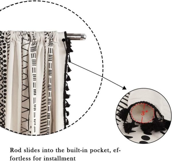 Geometric Semi-Blackout Window Curtains 2 Panels Boho Linen Room Darkening Curtains Tassels Rod Pocket Window Drapes for Bedroom Living Room(52" W x 63" L Pair, Cream)