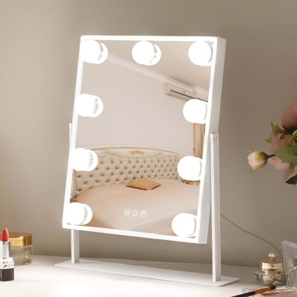 Vanity Mirror with Lights Hollywood Lighted Makeup Mirror with 9 Dimmable Bulbs & 3 Color Lighting Modes, Detachable 10X Magnification Mirror and 360 Degree Rotation(White)