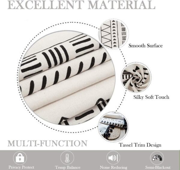 Geometric Semi-Blackout Window Curtains 2 Panels Boho Linen Room Darkening Curtains Tassels Rod Pocket Window Drapes for Bedroom Living Room(52" W x 63" L Pair, Cream)