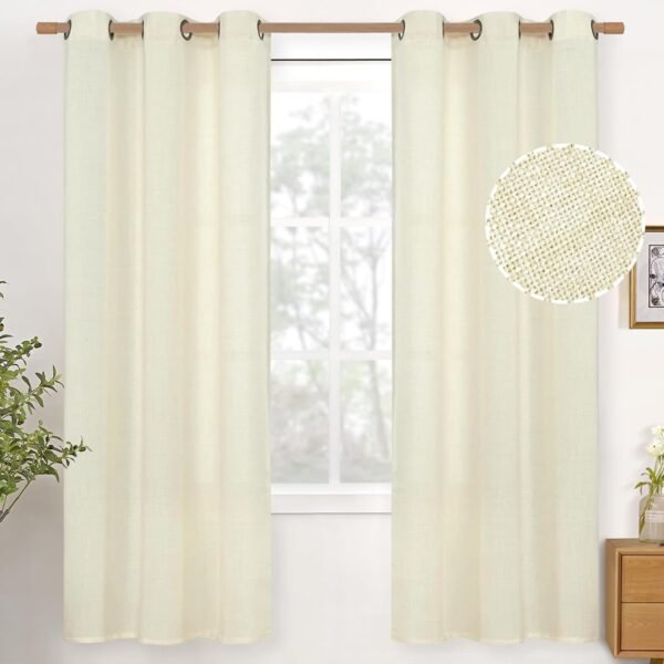 Natural Linen Curtains 63 Inch Length 2 Panels Bronze Grommet Linen Textured Short Window Drapes Light Filtering for Living Room Bedroom, 52 X 63 Inch