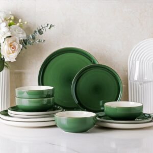 Ceramic Dinnerware Sets, 12 Pieces Emerald Green Stoneware Dinner Set, Plates and Bowls Sets, Dishwasher & Microwave Safe | Service for 4