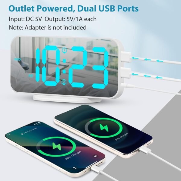 ALANAS Digital Alarm Clock with Dual Alarms, Mirror LED Bedroom Alarm Clocks for Kids, Adjustable Brightness, Snooze, 2 USB Ports for Cellphone Charging, 12/24 Hour Display.