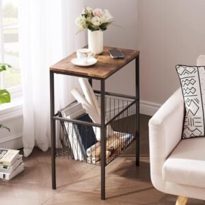 711kaf2ZJbL._AC_SL1500.jpg Tall Side End Table,Nightstands Shelf Storage Organizer with Versatile Metal Basket for Telephone Entryway/Living Room/Bedroom/Kitchen,31" H, 1 Set, Rustic Brown