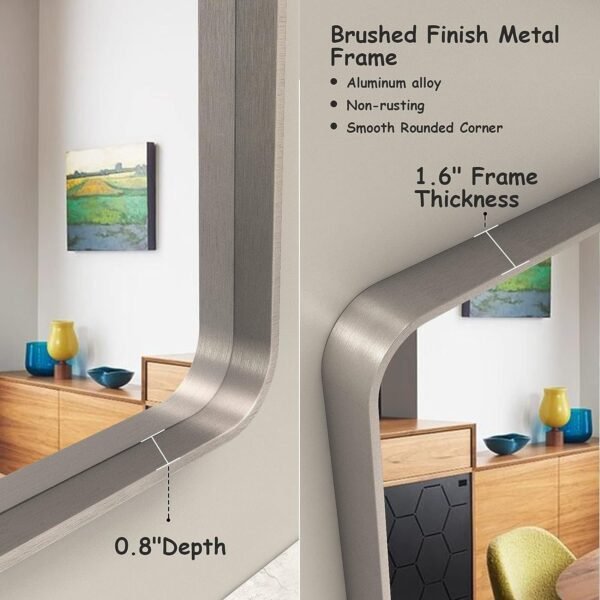 712QnzREYfL._AC_SL1500.jpg 20x30 Silver Bathroom Mirror, Silver Wall Mirror for Vanity, Brushed Metal Framed Rectangle Mirror, Anti-Rust, Brushed Nickel,Shatterproof, Round Corners(Horizontally/Vertically)