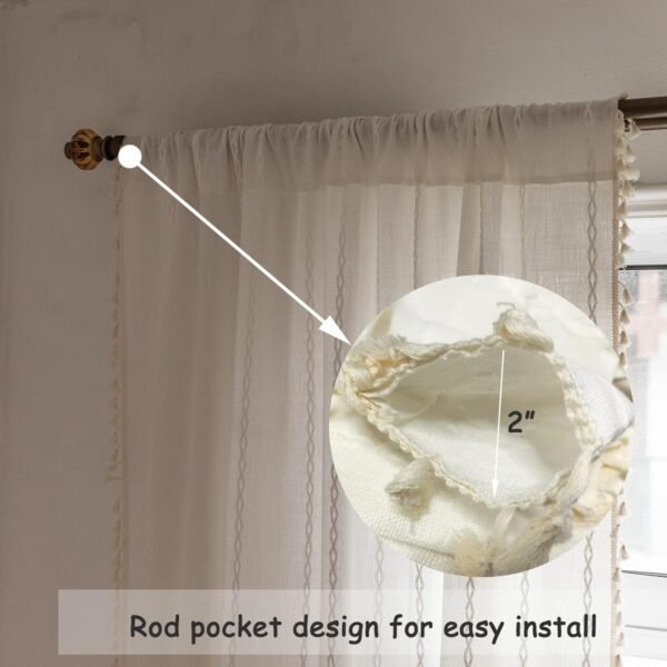 Boho Curtains Semi-Blackout Window Curtains 84 Inch 2 Pannels for Living Room, Linen Tassels Farmhouse Curtains with Embroidery for Bedroom Rod Pocket Draperies 52" W x 84" L,Off White