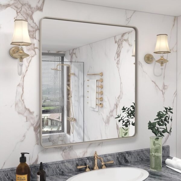 714O_fNQ32L._AC_SL1500.jpg 20x30 Silver Bathroom Mirror, Silver Wall Mirror for Vanity, Brushed Metal Framed Rectangle Mirror, Anti-Rust, Brushed Nickel,Shatterproof, Round Corners(Horizontally/Vertically)