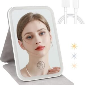 Rechargeable Travel Makeup Mirror with 80 LED Lights, Portable Lighted Makeup Mirror, 3 Color Dimmable Lighting Vanity Mirror, 360° Rotation Touch Screen Compact Tabletop Folding Cosmetic Mirror Mini
