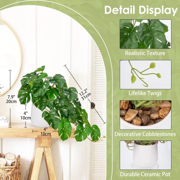Fake Plants Indoor 8 Inch Artificial Monstera Leaves in Ceramic Pot - Faux Potted Tropical Palm Plant for Home Aesthetic Decor Living Room Shelf Office