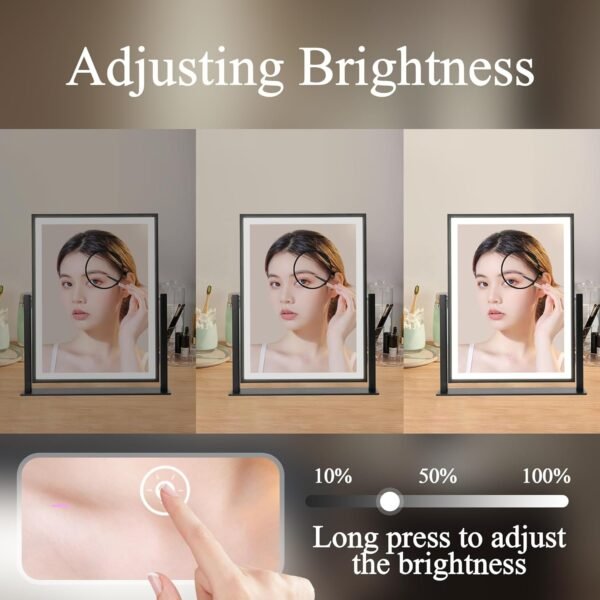 Lighted Vanity Mirror Fashion Makeup Mirror 12in Black for Desktop with Detachable,10x Magnifying,360° Rotation,Adjustable Warm White/Natural/Daylight Dimmable Light Memory,Birthday Gift for Woman