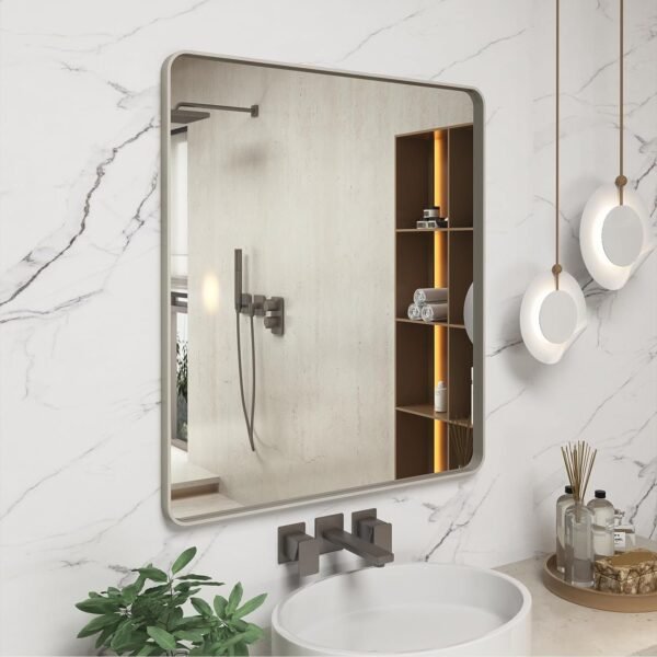 718HrVlMBUL._AC_SL1500.jpg 20x30 Silver Bathroom Mirror, Silver Wall Mirror for Vanity, Brushed Metal Framed Rectangle Mirror, Anti-Rust, Brushed Nickel,Shatterproof, Round Corners(Horizontally/Vertically)
