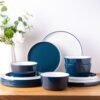 Ceramic Dinnerware Sets for 4,12 -Piece Double Color Stoneware Plates and Bowls Set,Chip and Crack Resistant | Dishwasher & Microwave Safe Dishes Set,Service for 4 -White &Blue