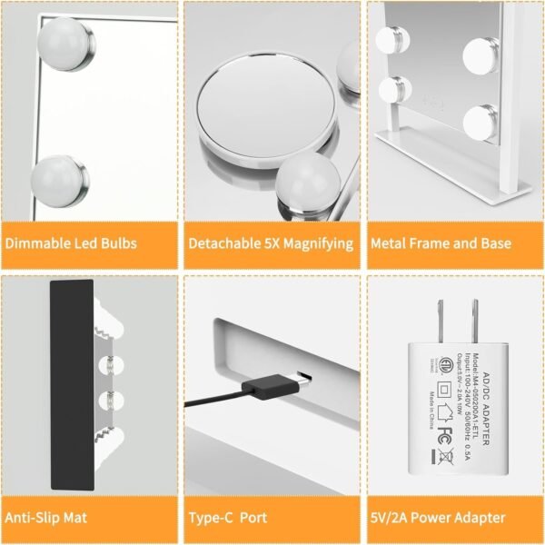 Vanity Mirror with Lights, Makeup Mirror with Lights Lighted Makeup Mirror with 3 Color Lighting Modes and 12 Dimmable Bulbs, Detachable 5X Magnification, Smart Touch Control, 360°Rotation, White