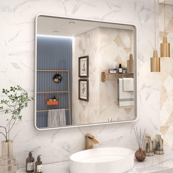 71C-qtNuGjL._AC_SL1500.jpg 20x30 Silver Bathroom Mirror, Silver Wall Mirror for Vanity, Brushed Metal Framed Rectangle Mirror, Anti-Rust, Brushed Nickel,Shatterproof, Round Corners(Horizontally/Vertically)