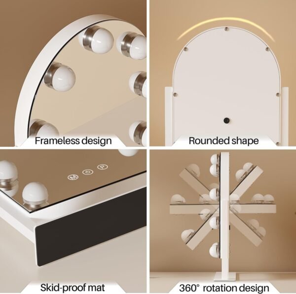 Makeup Mirror with Lights, Vanity Mirror with Lights, Lighted Makeup Mirror, 3 Color Modes, Dimmable Light,360° Rotation